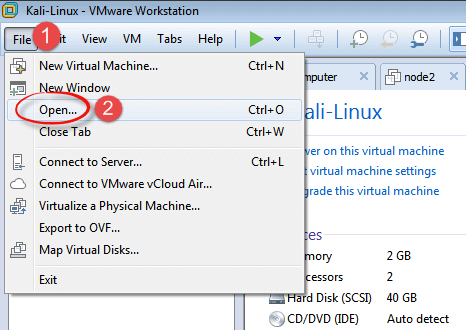VMware Workstation Openning Kali Linux File VMware Workstation Open File